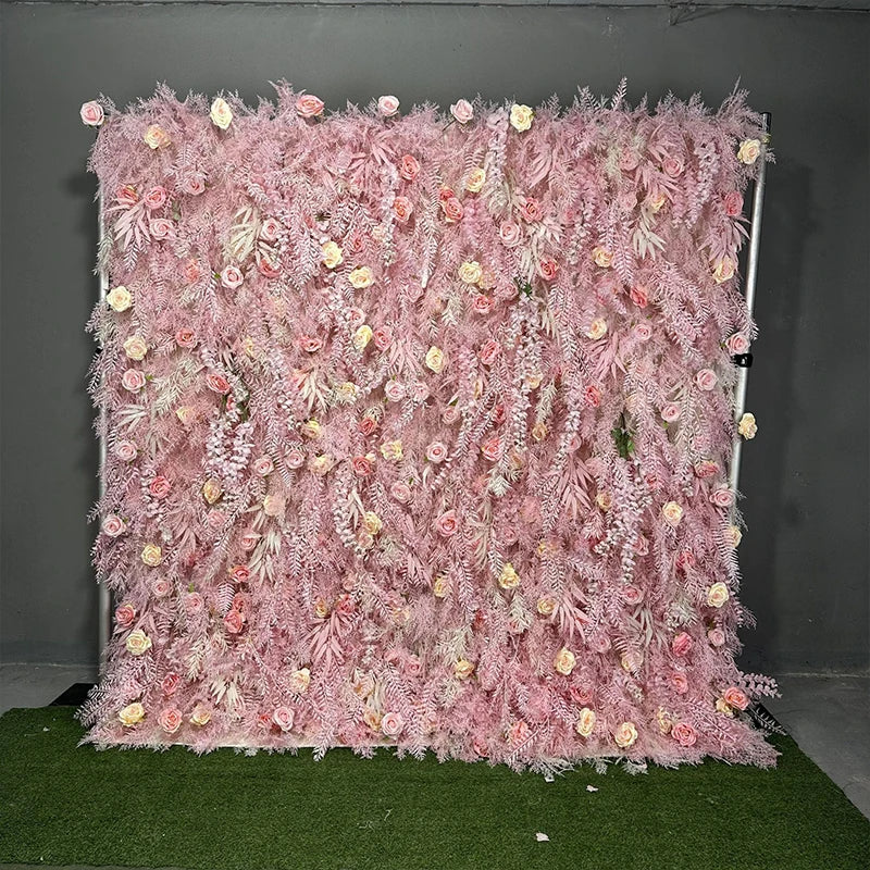 New 5D pink Feather Fabric Flower Wall Wedding Backdrop Decor Cloth Green Plants Wall Birthday Party Event Props Window Display