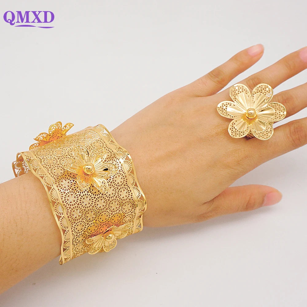 Bracciale color oro Dubai con anello per donna Bracciale con polsino a catena con ciondoli Bracciale indiano Arabo Francia Regali di gioielli da sposa