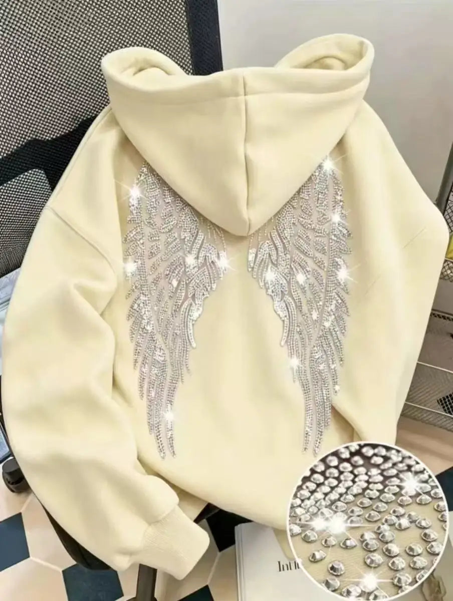 Felpa con cappuccio casual e ampio, design minimalista di tendenza 2026 con ali e strass, giacca pullover