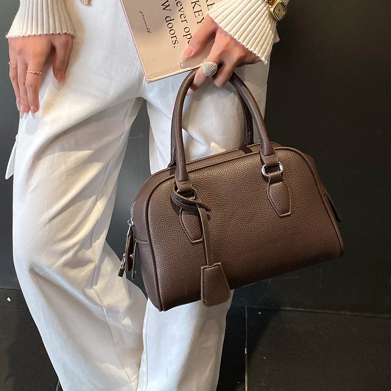 Borse a Mano Vsper Mini Bowling per Donna, in Pelle PU con Motivo Lychee, Borsa a Tracolla Monocolore, Borsa di Lusso Firmata
