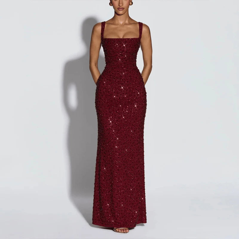 Abito da Sera a Sirena con Paillettes, Dorato, Aderente, Scintillante, con Vita Arricciata, Elegante e Chic per Feste Femminili 2026
