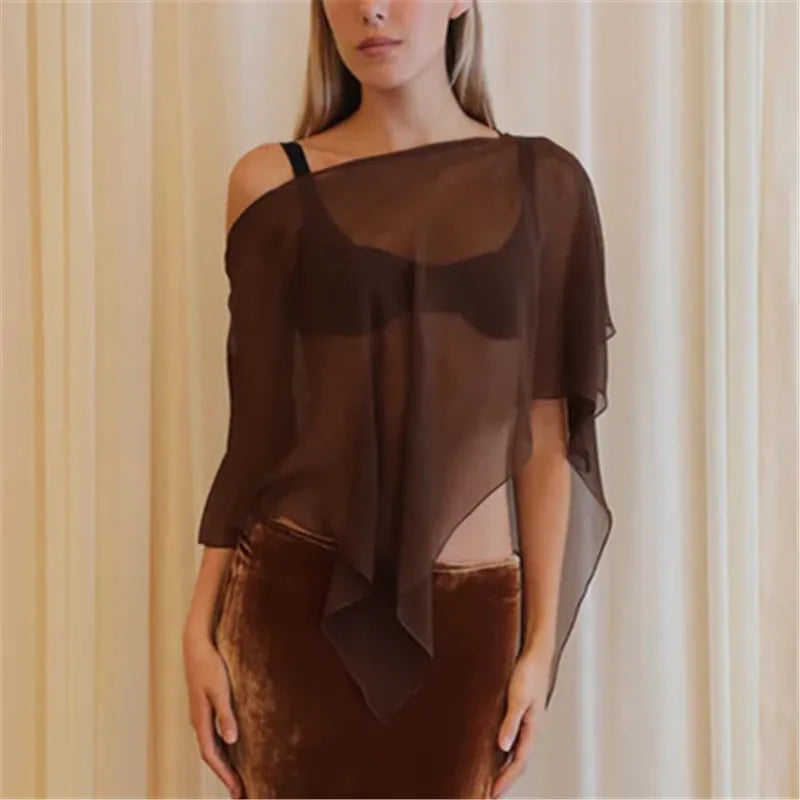 Poncho Trasparente per Donne, Scialle Asimmetrico in Rete, Mantella in Chiffon Trasparente, Copricostume per Abiti da Sera e Matrimoni
