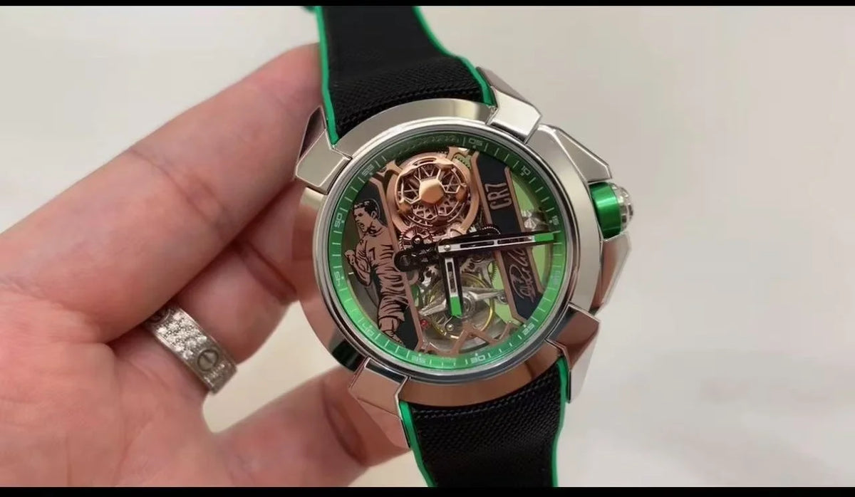 Orologio Meccanico Automatico Sportivo con Quadrante Scheletrato, Ghiera Verde e Cinturino in Silicone