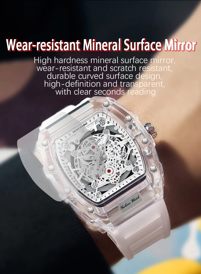 UTHAI BK134 Orologio da Uomo alla Moda a Forma di Botte Trasparente Impermeabile al Quarzo Orologio Sportivo Regalo per Uomo