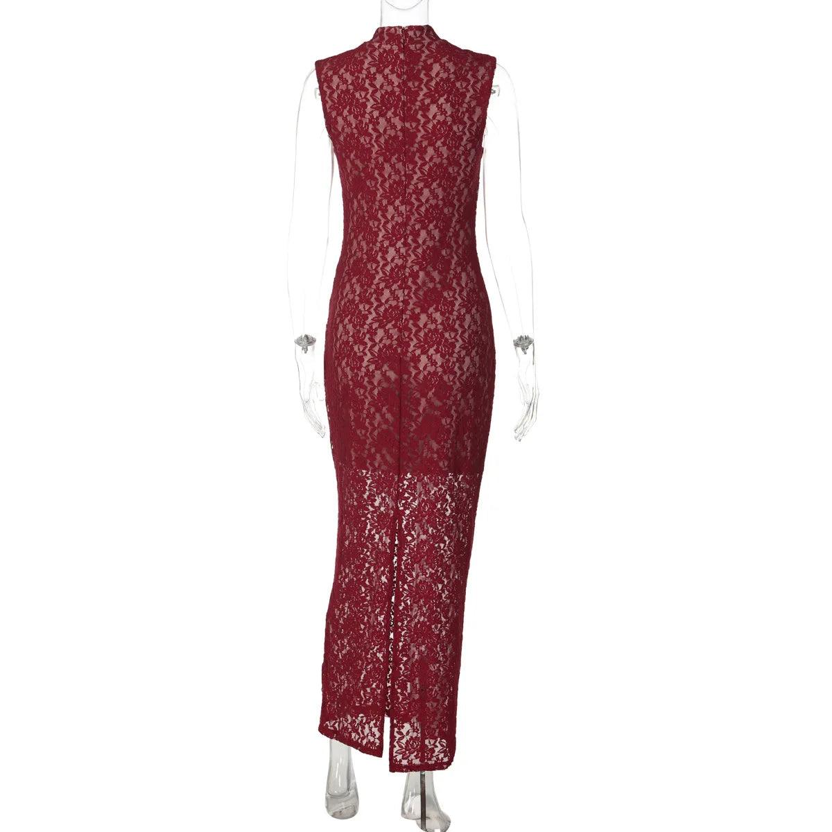 CHNMR Abito Cheongsam Sexy in Pizzo Rosso Senza Maniche, Vestito Lungo Aderente con Scollo a Goccia, Abito da Sera per Feste e Cerimonie, Abbigliamento Formale da Donna