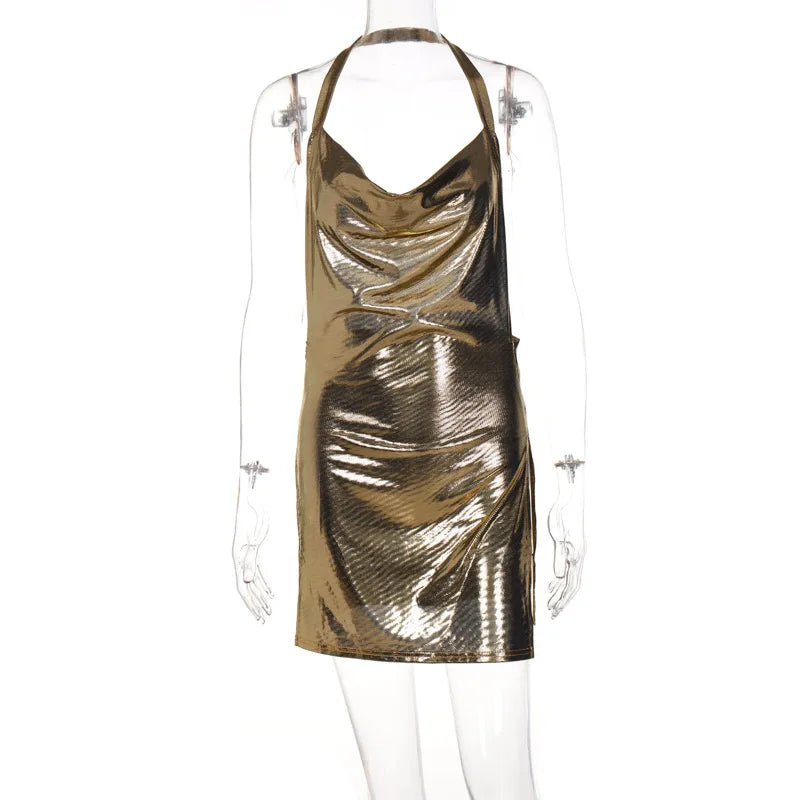 Abito corto elegante da donna sexy e alla moda con collo appeso, fondo senza schienale, abito da ballo per ragazza da festa con paillettes sul petto