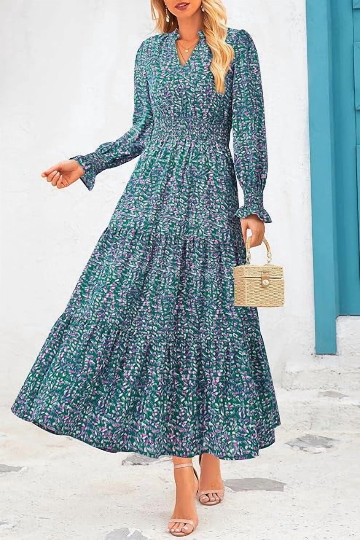 Vestito Lungo Floreale Maniche Lunghe a Line